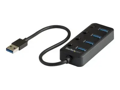 StarTech.com 4 Port USB 3.0 Hub, USB-A to 4x USB 3.0 Type-A with Individual On|Off Port Switches, SuperSpeed 5Gbps USB 3.1|USB 3.2 Gen 1, USB Bus Powered, Portable, 9.8" Attached Cable - Windows|macOS|Linux (HB30A4AIB) - hub - 4 ports