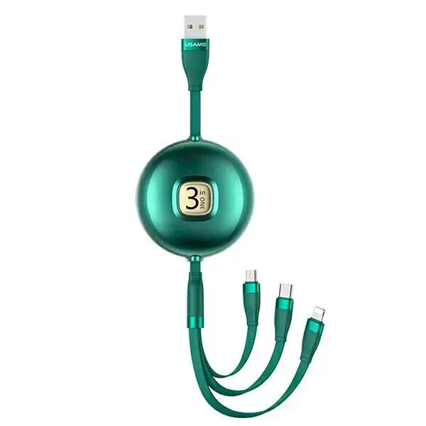 USAMS SJ508USB03 3-in-1 datu pārraides un uzlādes vads | USB-A uz Lightning, Micro USB, USB-C | 1m | zaļš