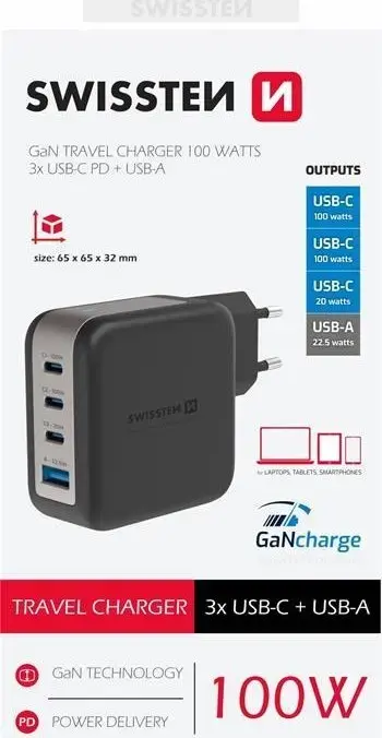 Swissten GaN 3x USB-C PD 100W | USB-A 18W QC Tīkla Lādētājs