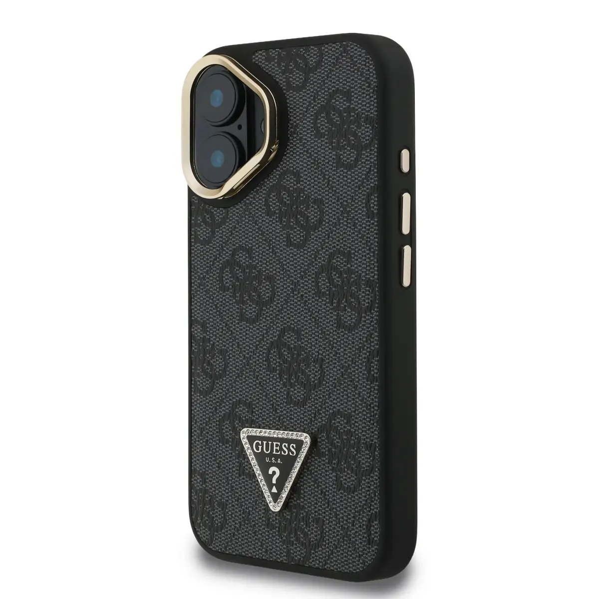 Guess PU 4G Strass Triangle Logo Stand Camera Frame MagSafe Case for iPhone 16 Black