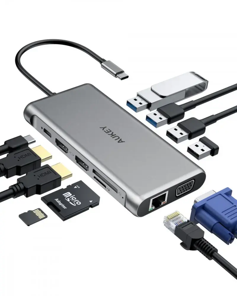 HUB CB-C78 aluminum USB-C | 12w1 | RJ45 Ethernet 10|100|1000Mbps | 2xUSB 3.1 | 2xUSB 2.0 | 2xHDMI 4k@30Hz | VGA | SD i microSD | USB-C | USB-C