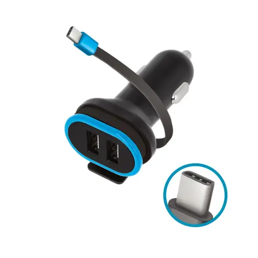 Forever CC-02 automašīnas lādētājs | 15W | USB-A, USB-C | ar USB-C vadu komplektā | melns