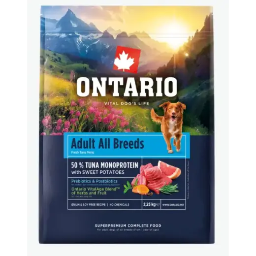 Barība suņiem – Ontario Adult All Breeds, Monoprotein, Tuna and Sweet Potatoes 2,25 kg