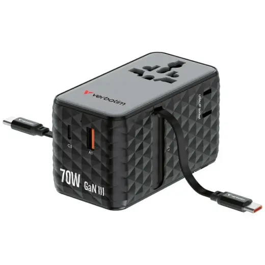 Verbatim Travel Adapter EU/UK/US GaN   1xUSB-C/1xUSB-A/2xUSB-C PD 70W black 30186