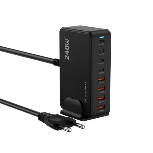 Wozinsky WSL-240 tīkla lādētājs | 240W | PD, QC, GaN | USB-C, USB-A | melns