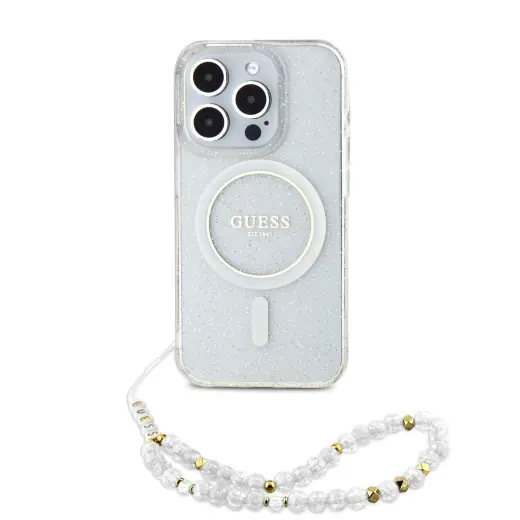 Guess IML Glitter Pearl Strap MagSafe чехол для телефона для iPhone 15 Pro Max Прозрачный