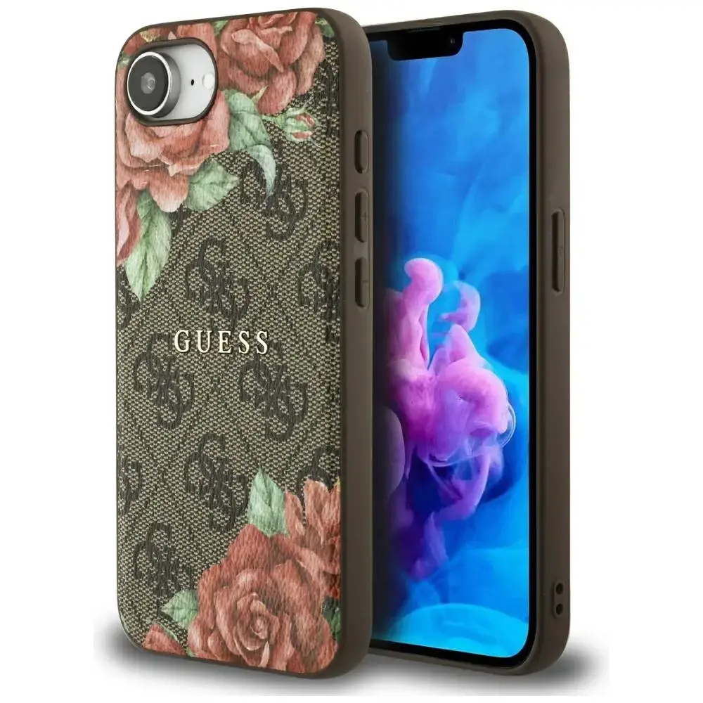 Case Guess 4G Flowers Print telefona maciņš priekš iPhone 16e brūns ar MagSafe