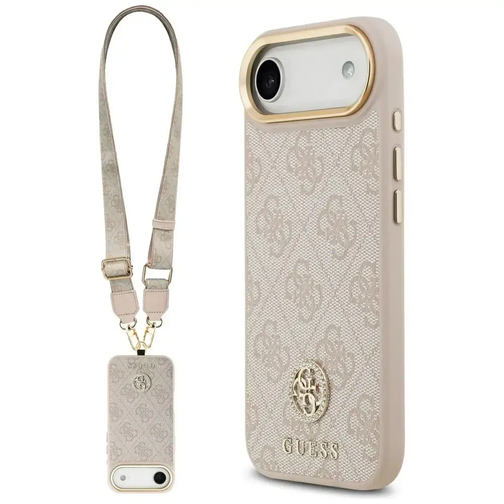 Guess 4G Strass Logo & Big Strap maciņš ar MagSafe atbalstu telefonam iPhone 17 Air rozā