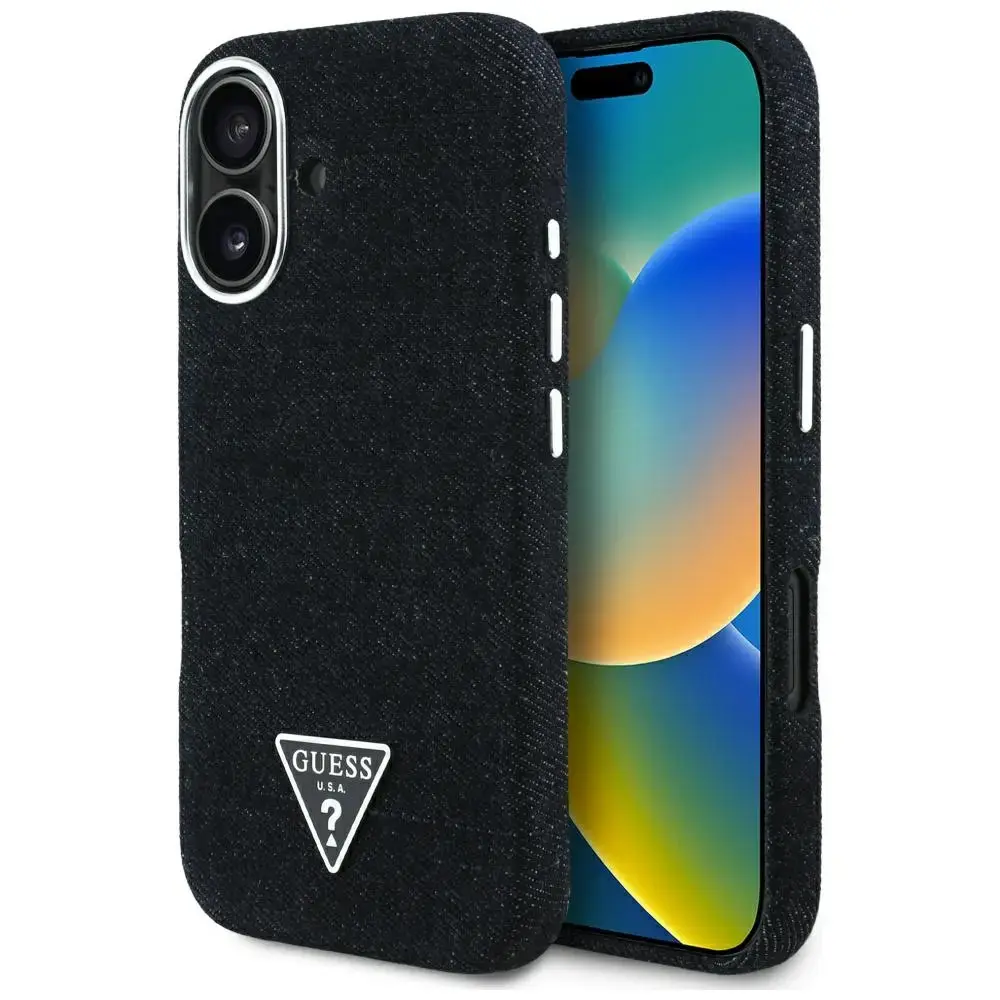 Guess Denim Triangle Logo telefona maciņš priekš iPhone 16 melns ar MagSafe atbalstu