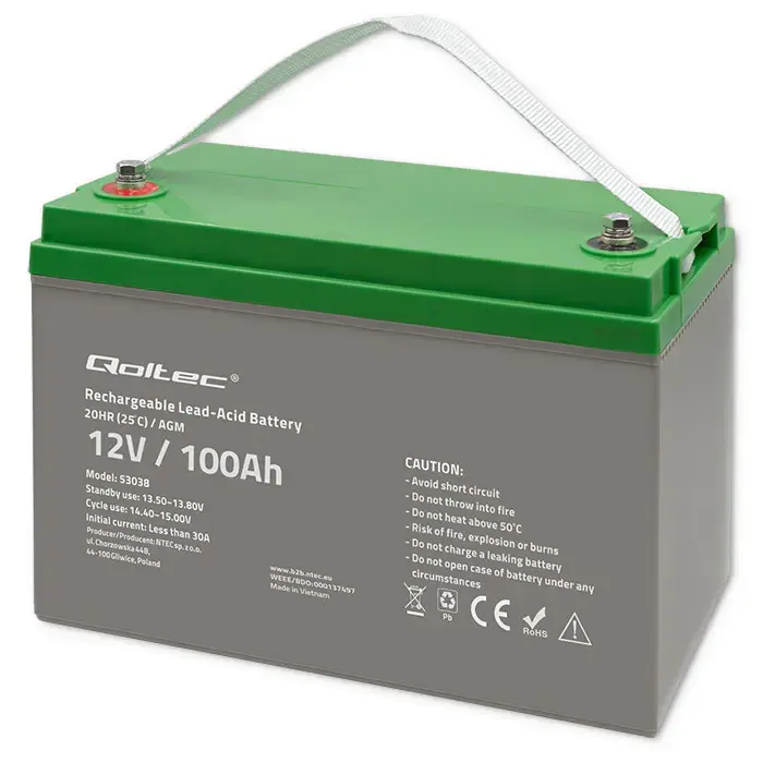 Qoltec AGM battery | 12V | 100Ah | 28.1kg | Maintenance-free | Strong | LongLife | for UPS, RV, boat, heater
