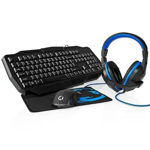 Nedis GCK41100BKUS Spēļu komplekts 4-in-1 (austiņas, tastatūru ar apgaismojumu, optisko peli un neslidošu peles paliktni)