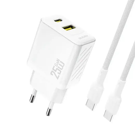 Dudao A26TCEU reisilaadija | 25W | PD, QC, GaN | USB-A, USB-C | USB-C kuni USB-C kaabliga komplektis | valge