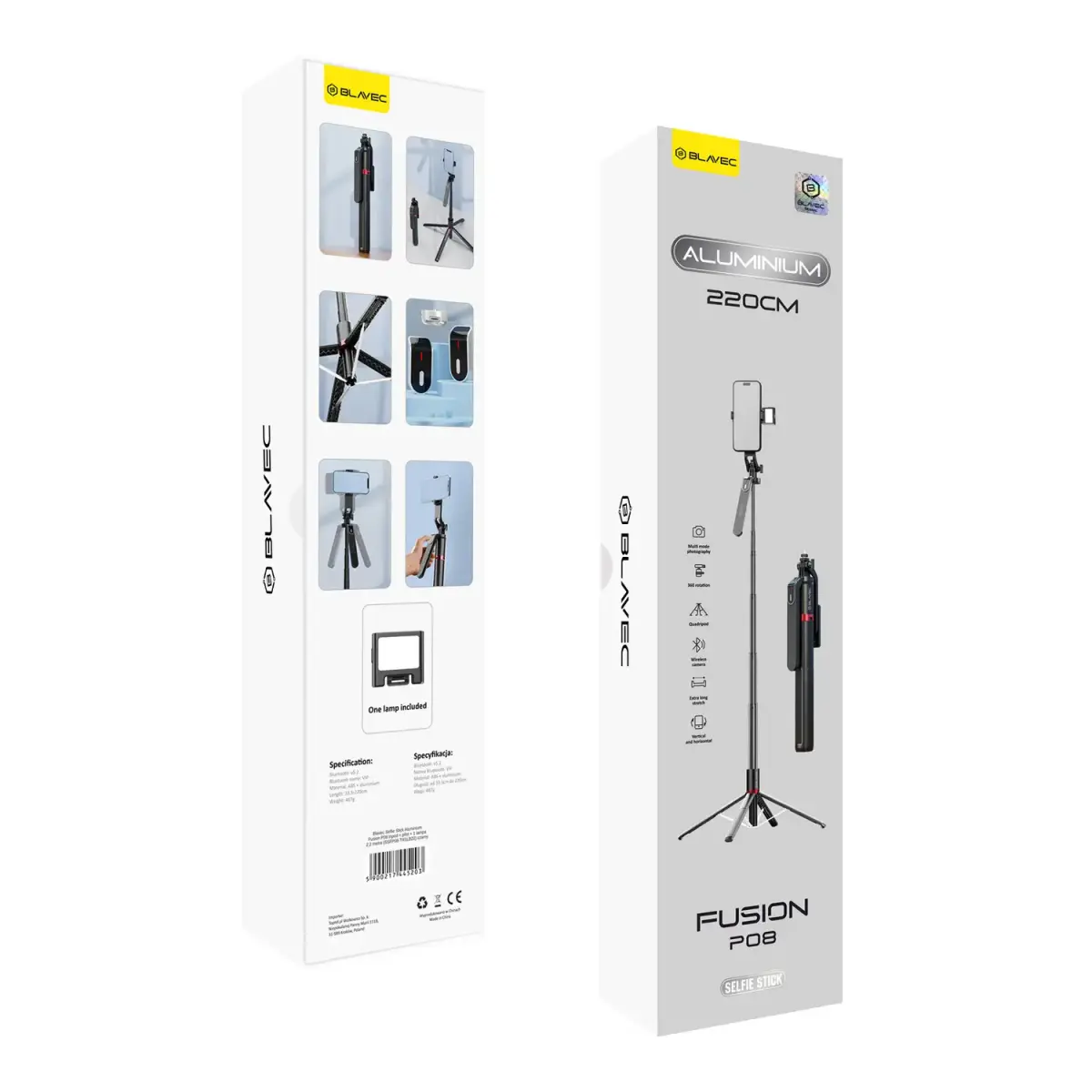 Blavec Selfie Stick Aluminium Fusion P08 tripod + remote control + 1 lamp 2,2 metres (SSFP08-TR1LB22) black
