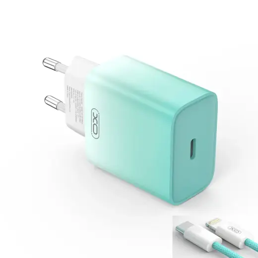 XO CE18 reisilaadija | 30W | PD | USB-C, Lightning | USB-C kuni Lightning kaabliga komplektis | sinine-valge