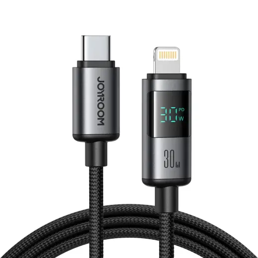 Joyroom S-A16 Pro Prism Series datu pārraides un uzlādes vads | USB-C uz Lightning | 30W | ar LED ekrānu | 1.2m | melns