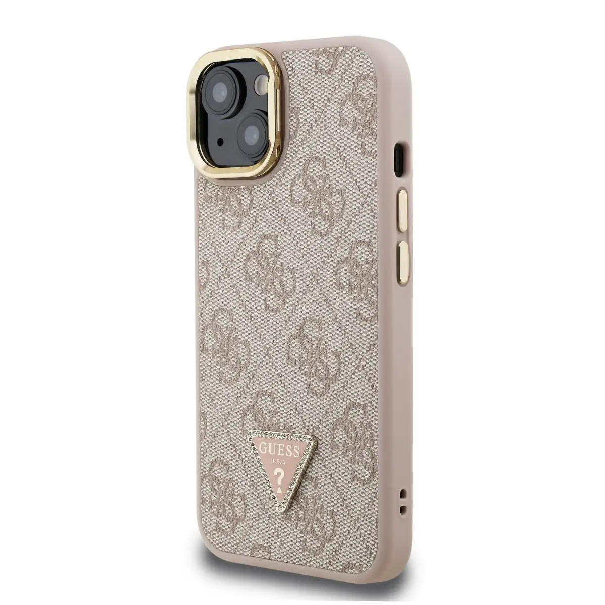 Guess PU 4G Strass Triangle Logo Stand Camera Frame MagSafe Case for iPhone 13 Pink