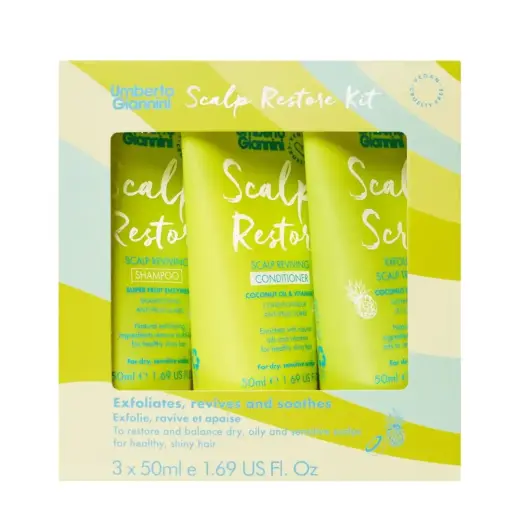 Set Umberto Giannini: Scalp Restore, Vegan & Cruelty-Free, Hair Conditioner, Anti-Dandruff & Soothing, 50 ml + Scalp Restore, Vegan & Cruelty-Free, Hair Shampoo, Anti-Dandruff & Scalp Care, 50 ml + Umberto Giannini, Scalp Scrub, Gentle Exfoliation, 50 ml