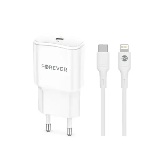 Forever TC-01-20AC tīkla lādētājs | 20W | PD, QC | USB-C, USB-A | USB-C uz Lightning vads komplektā | balts