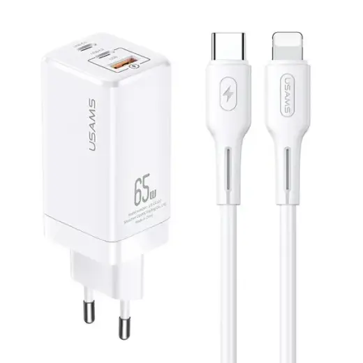 USAMS Ład. siec. MT 2xUSB-C+USB GaN 65WT33 PD + kabel USB-C-Lightning 30W Fast Charging biały|white MTXLOGTL02