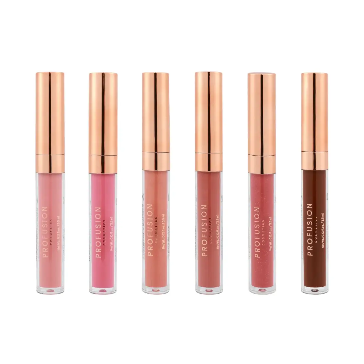 Set Profusion Cosmetics: Pucker Up, Lip Gloss, Rosy Nude, 3.5 ml + Pucker Up, Lip Gloss, Bright Pink, 3.5 ml + Pucker Up, Lip Gloss, Peachy Nude, 3.5 ml + Pucker Up, Lip Gloss, Warm Rosy Brown, 3.5 ml + Pucker Up, Lip Gloss, Deep Rose, 3.5 ml + Pucker Up, Lip Gloss, Deep Brown, 3.5 ml