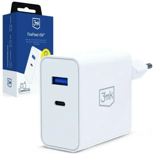 3mk Protection FlowPower tīkla lādētājs | 45W | PD, QC | USB-A, USB-C | balts