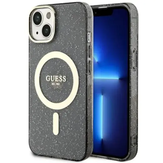 Guess GUHMP14SHCMCGK iPhone 14 6.1" czarny|black hardcase Glitter Gold MagSafe