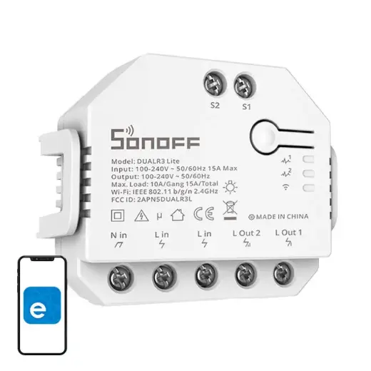 Išmanus 2 kanalų Wi-Fi jungiklis su variklio valdymo funkcija Sonoff DualR3 Lite