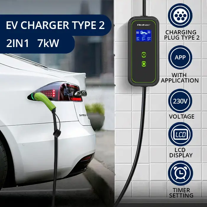 Qoltec Mobile EV charger with adjustable 2in1 Type2 | 7kW | 230V | CEE 32A | Wi-fi | LCD | Portable | Wallbox | 5m