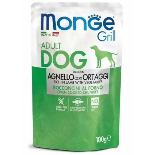 Monge Dog Grill Pouch Adult Chunkies Rich in Lamb with Vegetables 100 g — complete wet food for adult dogs with lamb and vegetables, oven-baked chunks