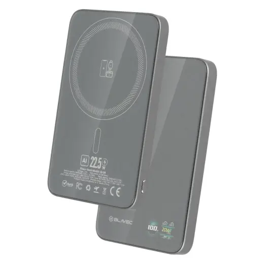 Blavec BJ-04 Ultra Slim 7,8mm ārējais akumulators (powerbank) | 5000 mAh | 22.5W | USB-C, MagSafe | LED ekrāns | pelēks