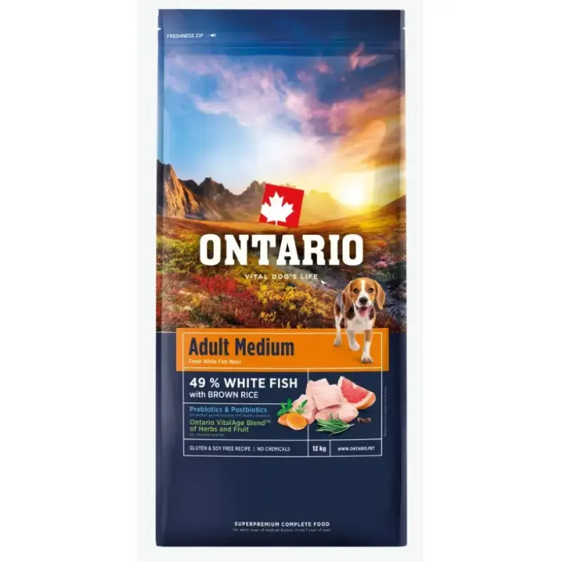 Barība suņiem – Ontario Adult Medium, Fish and Brown Rice, 12 kg
