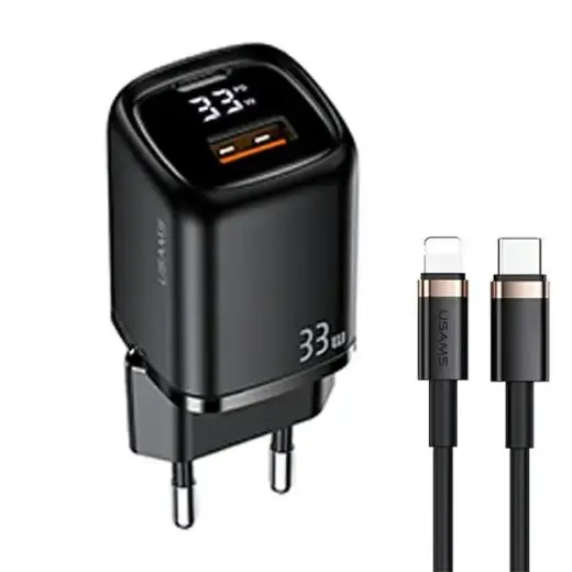 USAMS T46 tīkla lādētājs | 33W | PD3.0, QC3.0 | USB-C, USB-A | USB-C uz Lightning vads komplektā | melns