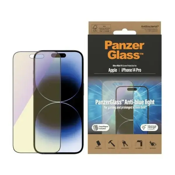 PanzerGlass Ultra-Wide Fit grūdintas stiklas telefonui iPhone 14 Pro 6,1", antibakterinis, komplekte Easy Aligner, mėlynos šviesos filtras