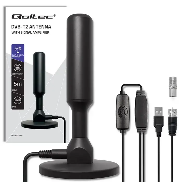Qoltec Indoor DVB-T2 TV antenna with signal amplifier and magnetic base | 4K | 28dBi | 5m