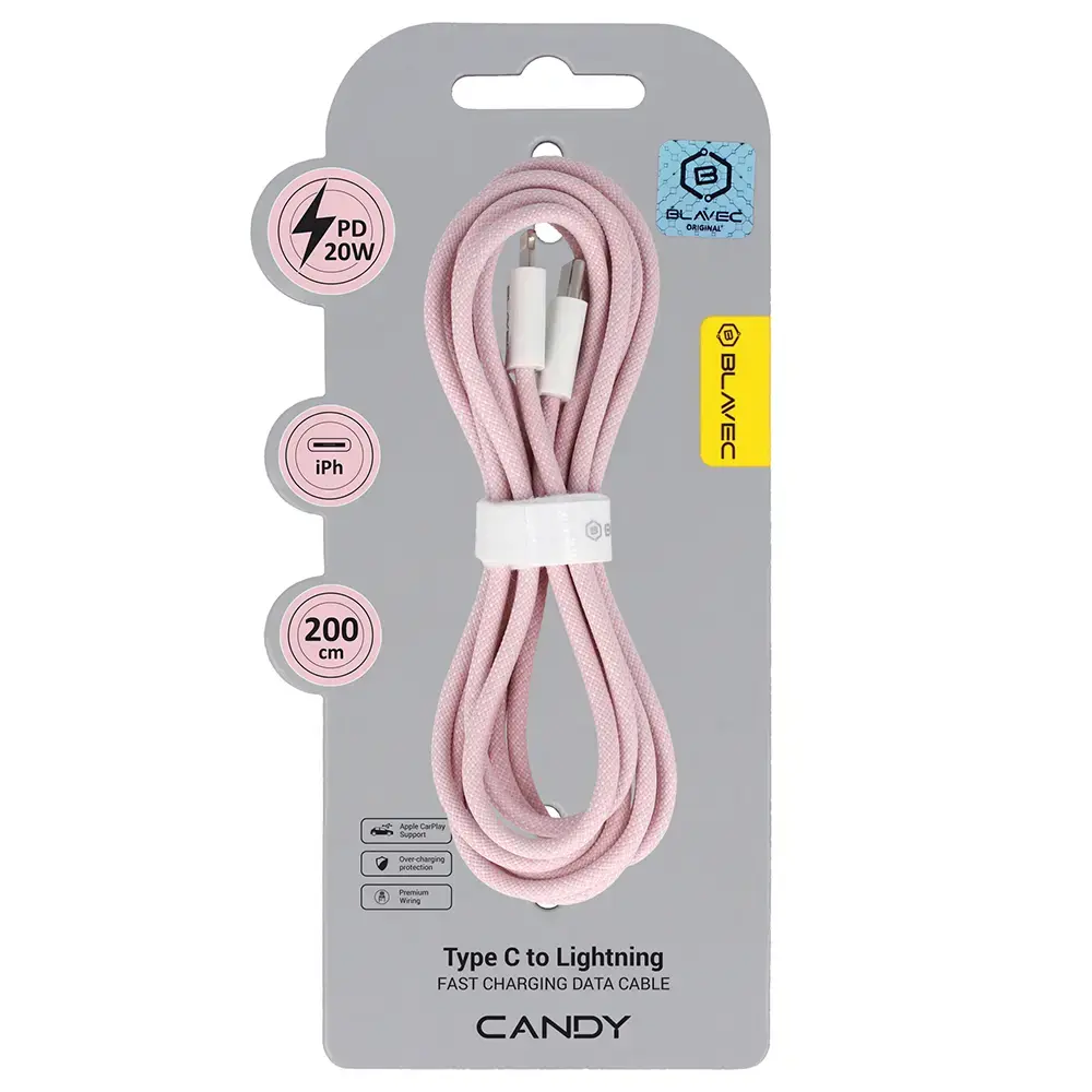 Blavec CCA-CL24P20 datu pārraides un uzlādes vads | USB-C uz Lightning | PD | 20W | 2m | rozā