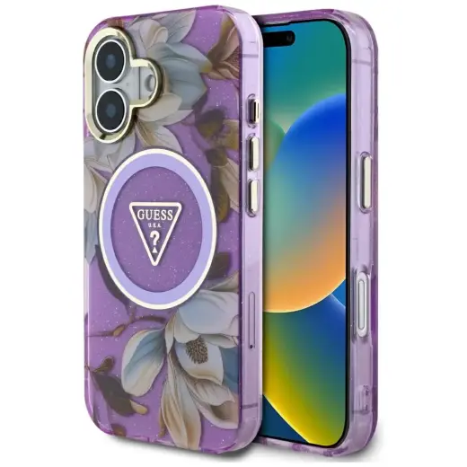 Etui Guess Glitter Flowers Triangle       Buttons MagSafe do iPhone 16 fioletowy