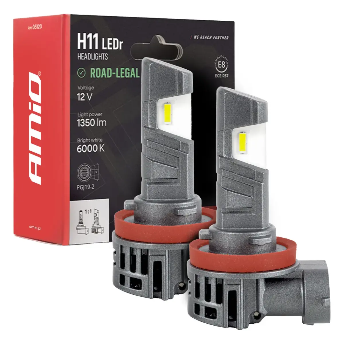 LEDr headlights with road approval R37 E-MARK H11 PnP FAN 18W AMIO-05120