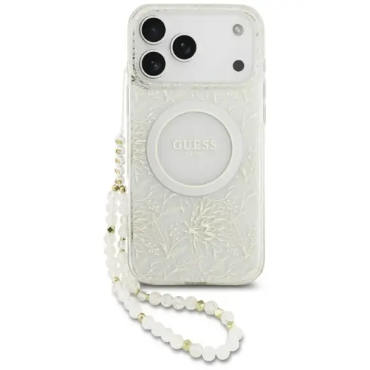 Guess IML Flowers Allover Strap MagSafe Case for iPhone 17 Pro Max White