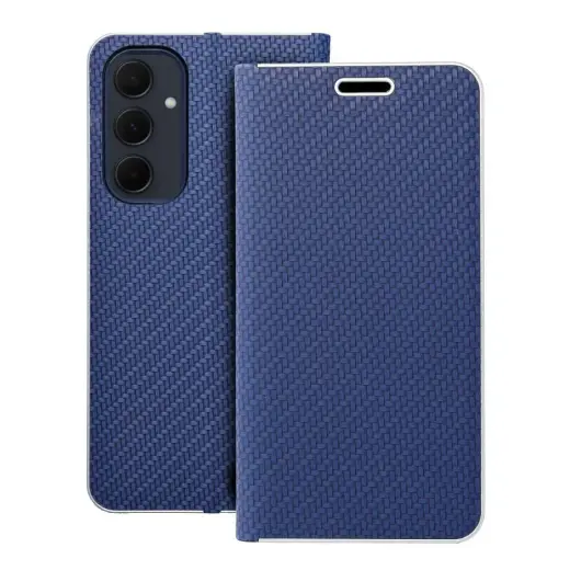 LUNA Carbon knyginio tipo telefono dėklas Samsung Galaxy A35 5G (A356) mėlynas