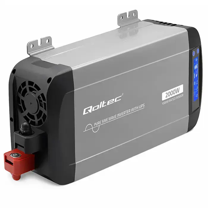 Qoltec Pure Sine Wave Inverter with UPS | 12V to 230V | 1000/2000W | LCD | USB | USB-C | Compatible with LiFePO4 GEL AGM
