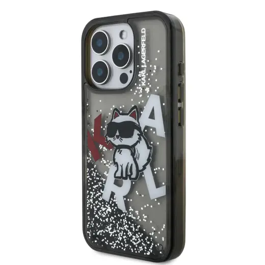 Karl Lagerfeld Liquid Glitter Scattered Choupette Case for iPhone 16 Pro Black