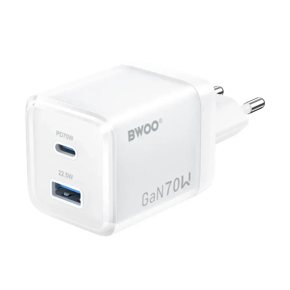 BWOO CDA224 tīkla lādētājs | 70W | PD, QC, GaN | USB-A, USB-C | balts