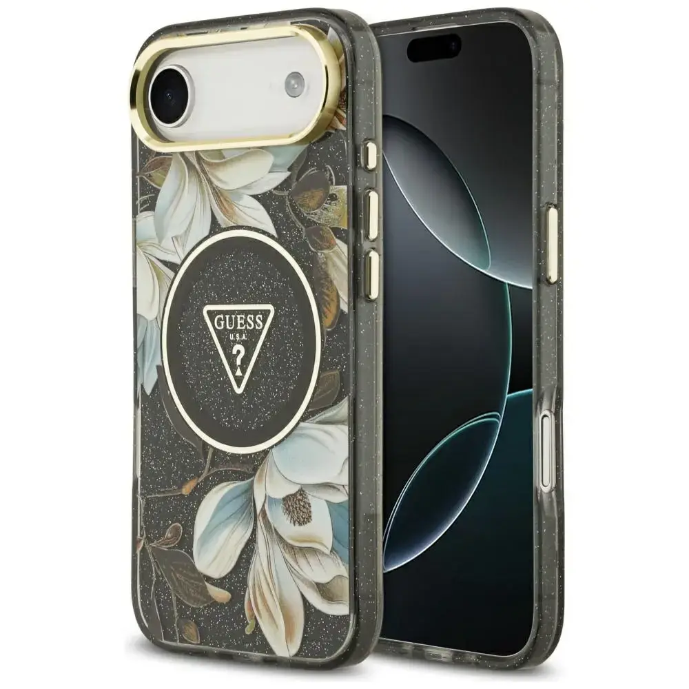 Guess IML Glitter Flowers And Triangle With Metal Camera Frame And Buttons maciņš ar MagSafe atbalstu telefonam iPhone 17 Air melns