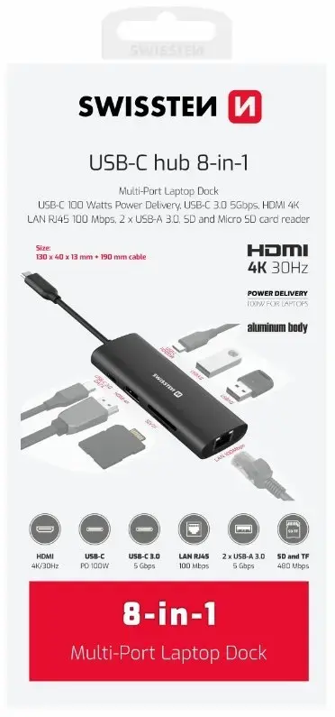 Swissten 8in1 USB-C Hubs Alumīja Centrmezgls USB-C 100W | HDMI 4K | LAN RJ45 | 2x USB-A | USB-C | SD | MICRO SD