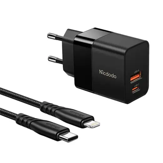 Mcdodo CH-1952 reisilaadija | 20W | USB-A, USB-C | Lightning kaabel komplektis | must