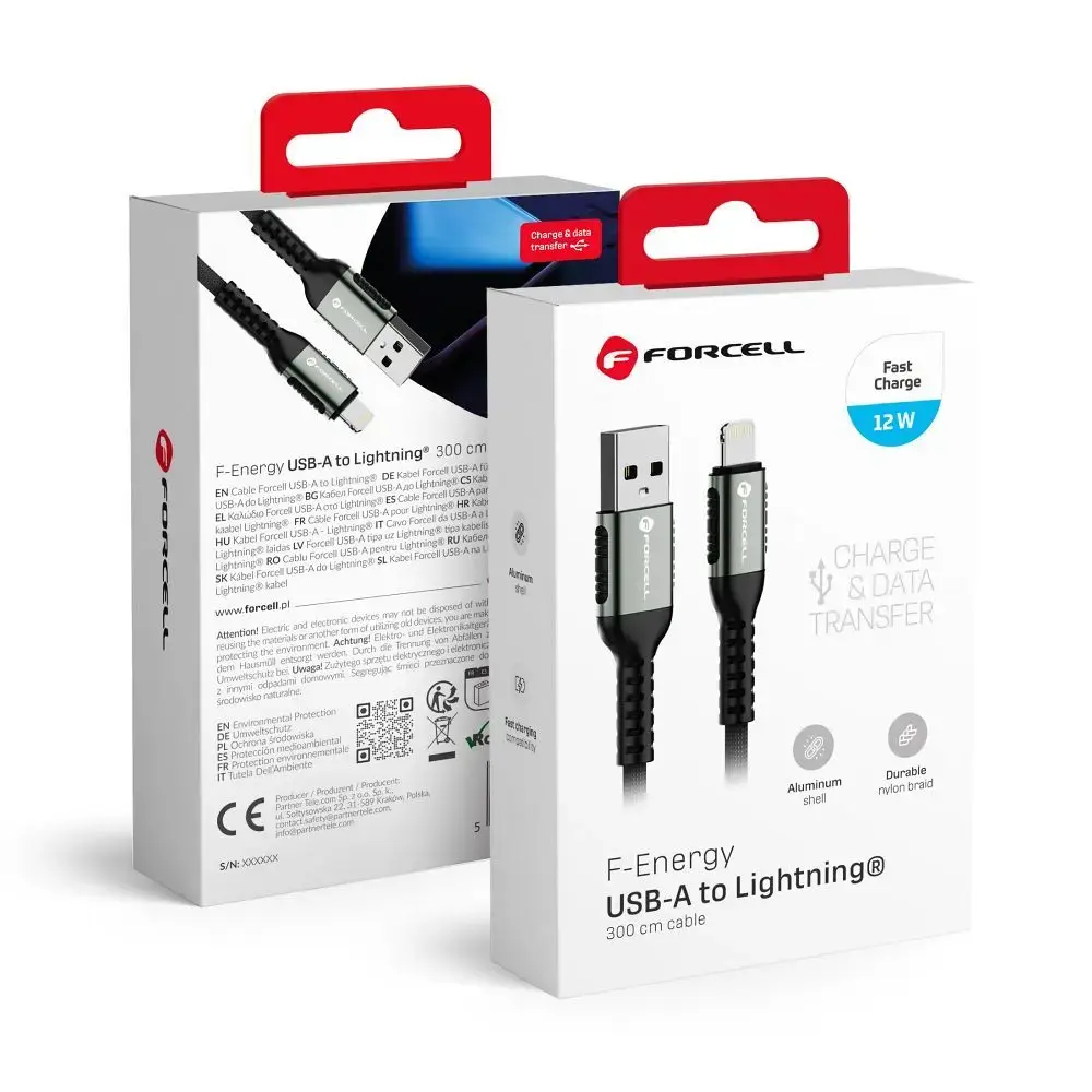 Forcell F-Energy C257 datu pārraides un uzlādes vads | USB-A uz Lightning | 12W | 3m | melns