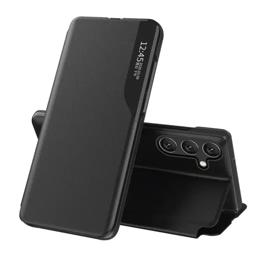 Eco Leather View knyginio tipo telefono dėklas su stovu Samsung Galaxy S24 FE (S721) juodas