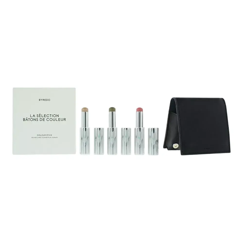 Dark Blue Set Byredo: Colour Stick, Multifunctional, Eyeshadow Stick, 509, Solar Flare, 3.5 g + Colour Stick, Multifunctional, Eyeshadow Stick, Kumato Face, 3.5 g + Colour Stick, Multifunctional, Eyeshadow Stick, Flower Play, 3.5 g + Byredo, GWP Leather Pouch