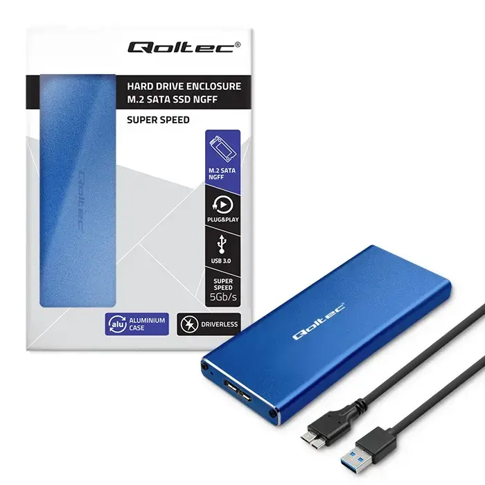 Qoltec Aluminium Enclosure | M.2 SSD drive | SATA | NGFF| USB 3.0 | Super speed 5Gb/s | 2TB | Blue