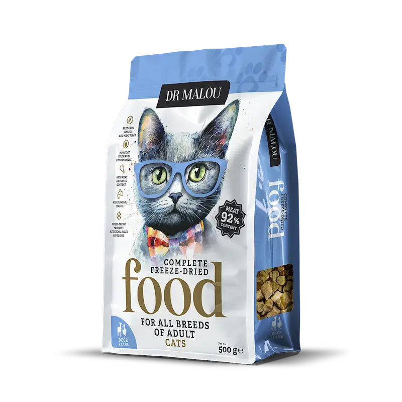 Liofilizēta barība kaķiem - DR Malou, Duck with lamb, Adult Cats, 500g